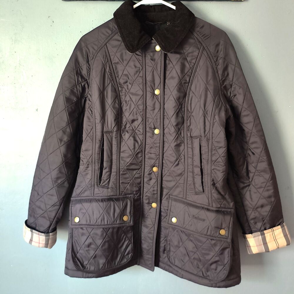 Barbour Beadnell Women's Polarquilt Jacket Black Size 8 Tartan Cuffs Country
